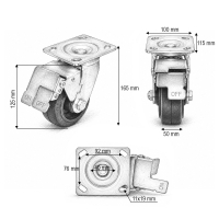 Roata pivotanta industriala 125x50mm cu frana, cauciuc plin negru, placa otel 115x100mm 130kg