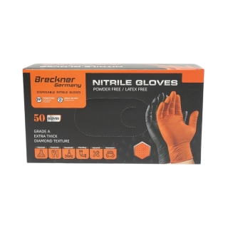 Manusi din nitril portocalii nepudrate cu textura diamond grip, marimea L 50 buc/cutie Breckner Germany