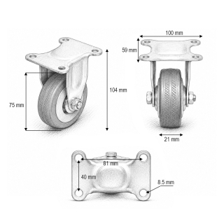 Roata fixa 75x21mm fara frana, cauciuc plin albastru, placa otel 100x59mm 45kg
