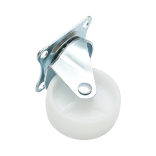 Roata pivotanta 65x23mm fara frana, polipropilena alba, placa otel 70x58mm 35kg
